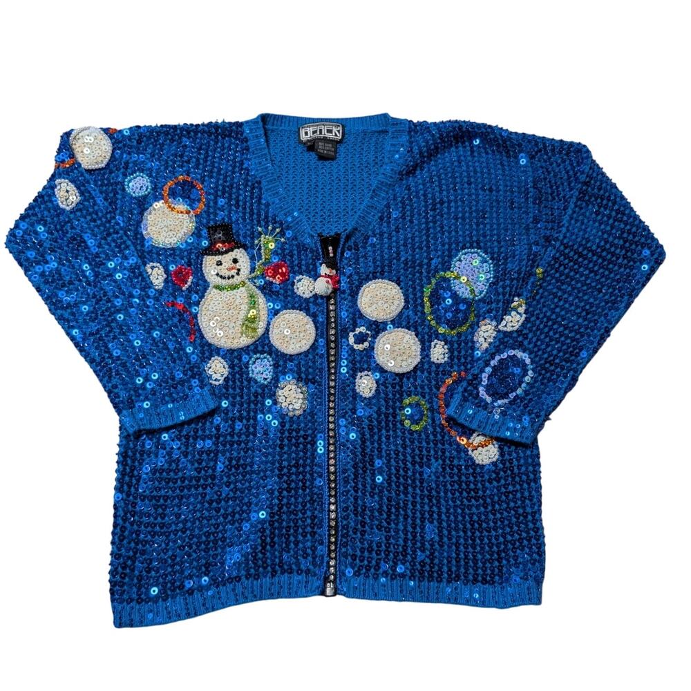 Vintage Berek Snowman Sequined Cardigan Blue Zip Up Christmas Sweater Large